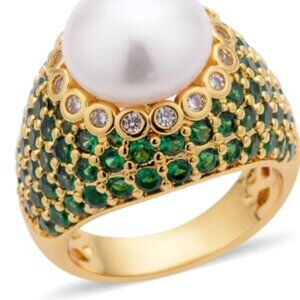 Freshwater White Pearl/Simulated Green, White Diamonds Ring